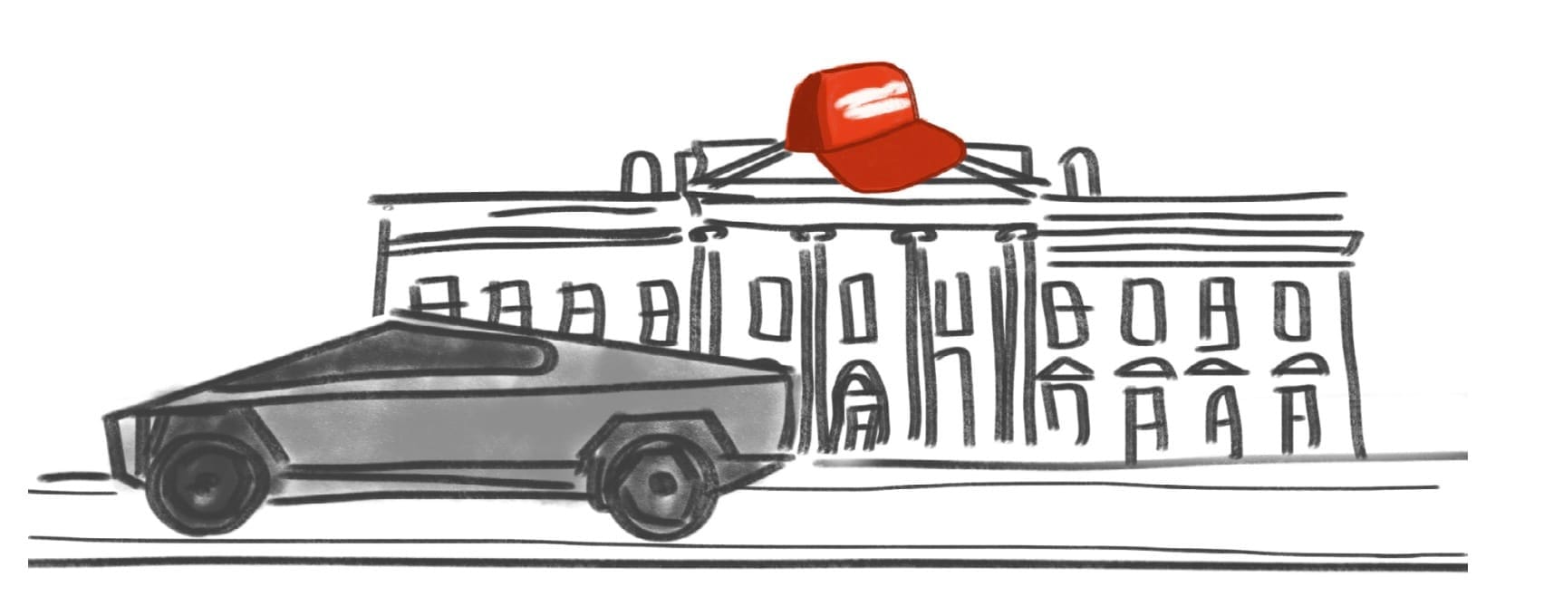 Black and white drawing of white house w red baseball cap and cybertruck in front