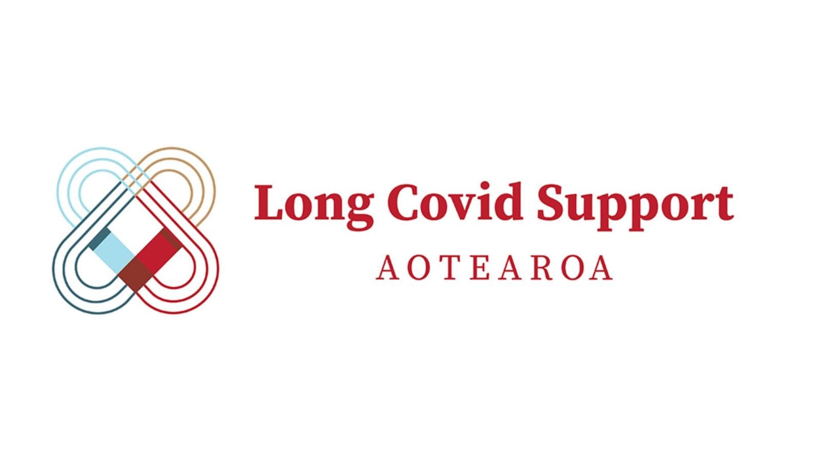 The logo of long covid support logo with four-leaf clover design in blue and red