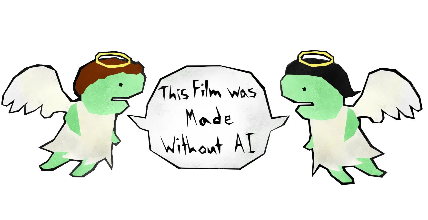 Two green angels with a speech bubble that says this film was made without AI