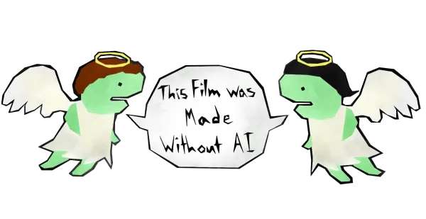 Two green angels with a speech bubble that says this film was made without AI